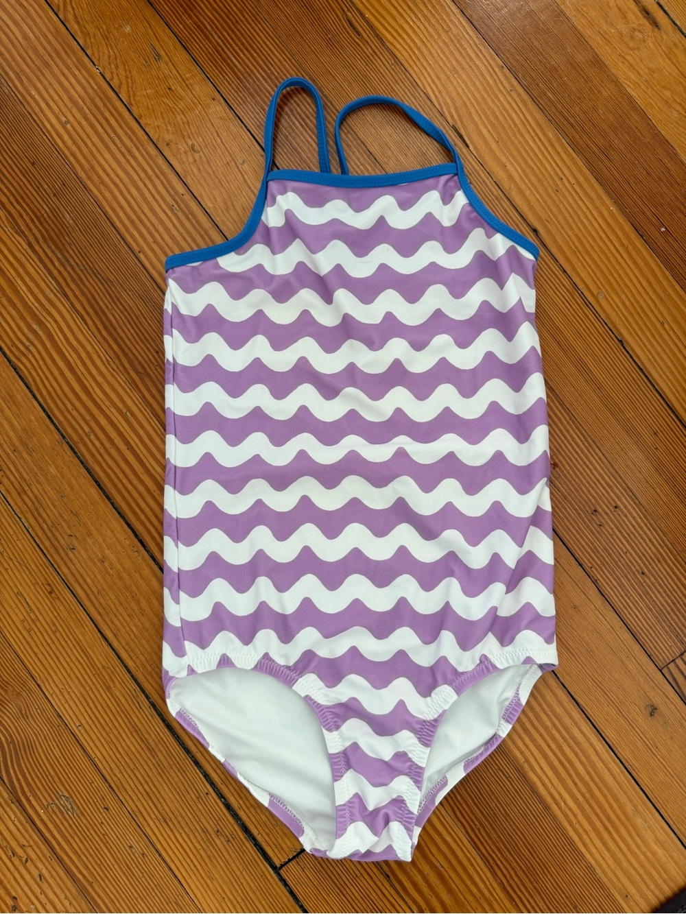 Primary Girls' Purple Wave One-Piece Swimsuit with Blue Trim